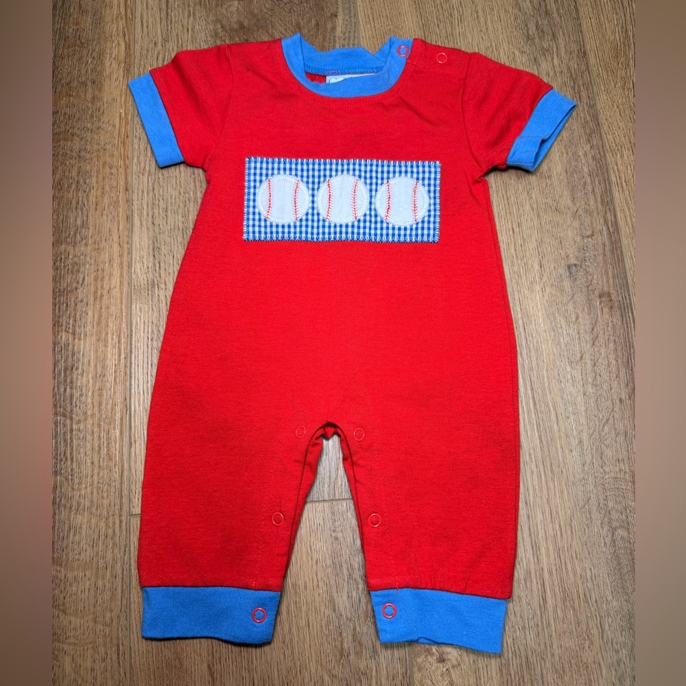 Three Sisters Baseball Romper 3M Red Blue Applique Baby Boy Snap One Piece Sport